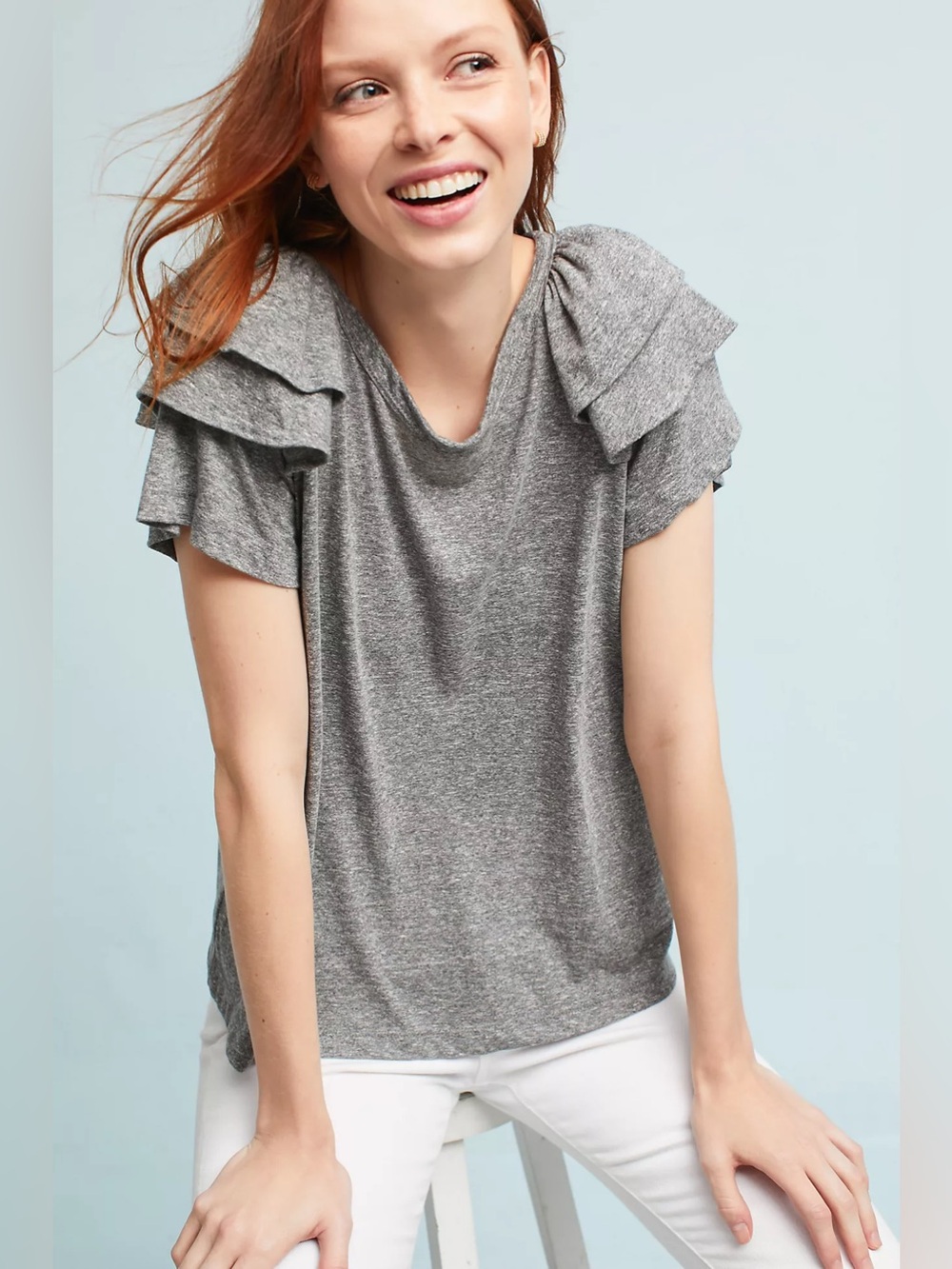 Current/Elliott The Ruffle Double Ruffle Tee | Heather Gray - Picture 2 of 7